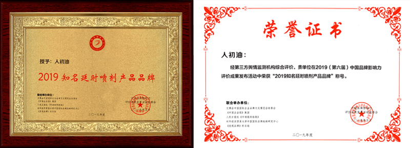 2019知名延時噴劑產品品牌獲獎證書榮譽證書